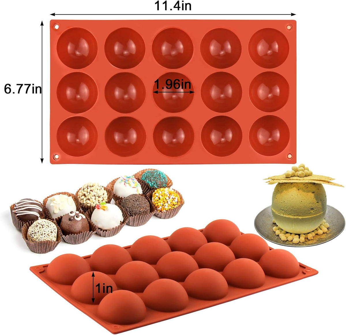 15-cavity hemisphere silicone dessert mold with size measurements