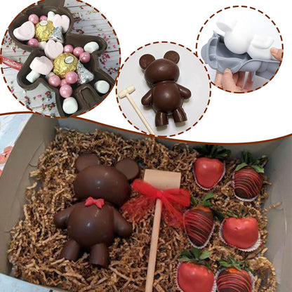Bear-Shaped Silicone Chocolate Mold with Wooden Mallet