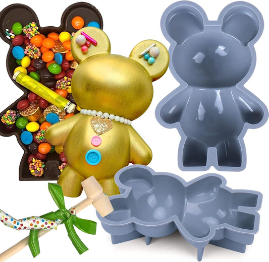 Bear-Shaped Silicone Chocolate Mold with Wooden Mallet