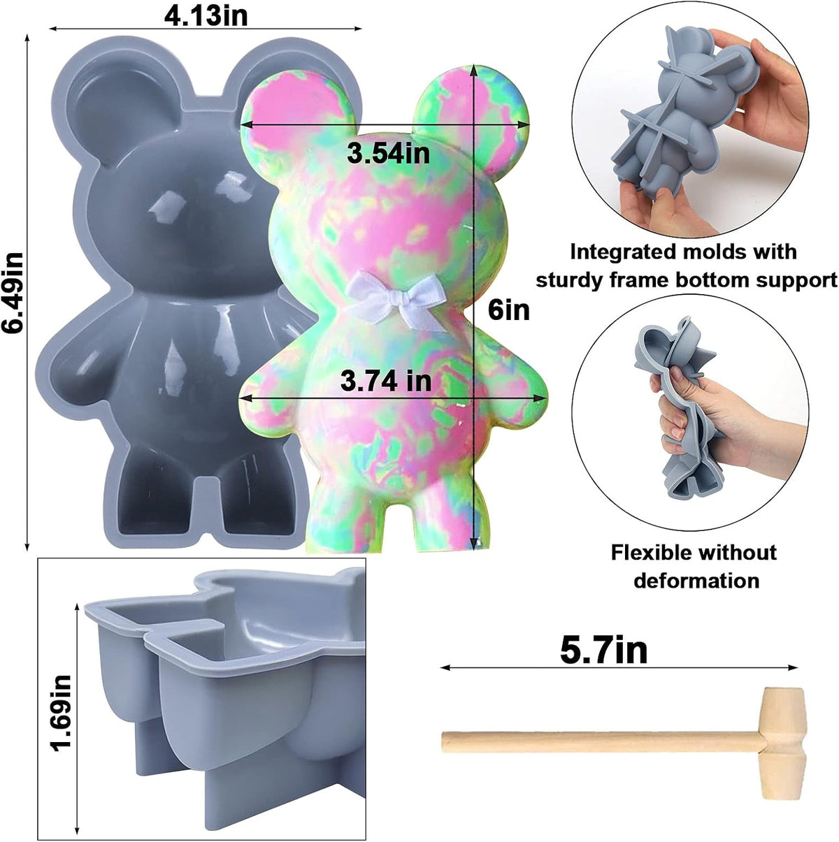 
Bear-shaped silicone chocolate mold with wooden mallet and size measurements