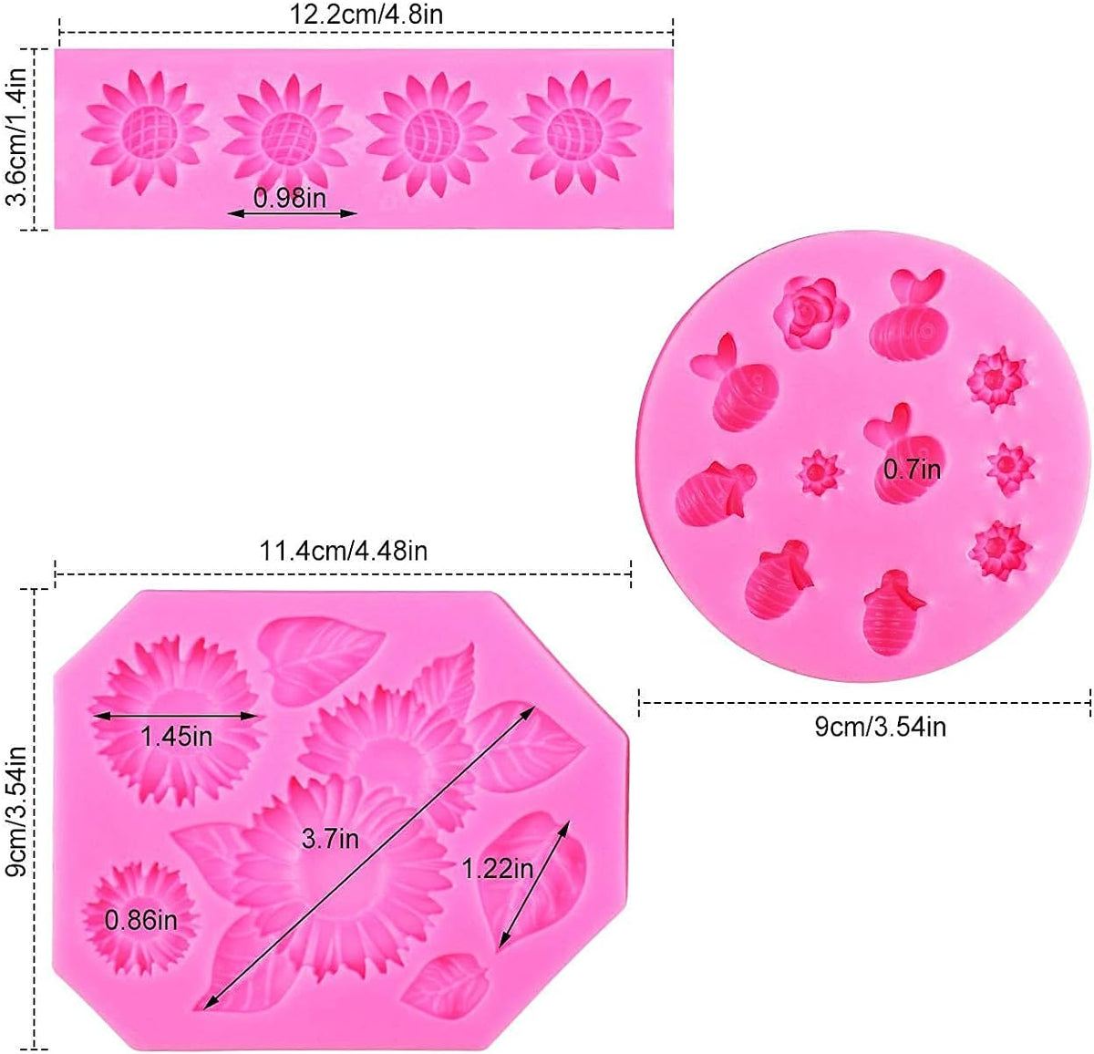 3-piece flower and fruit silicone mold set with size measurements