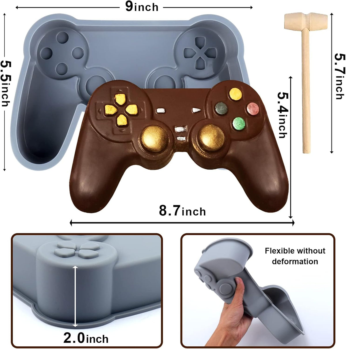Game controller silicone chocolate mold with wooden mallet and size measurements